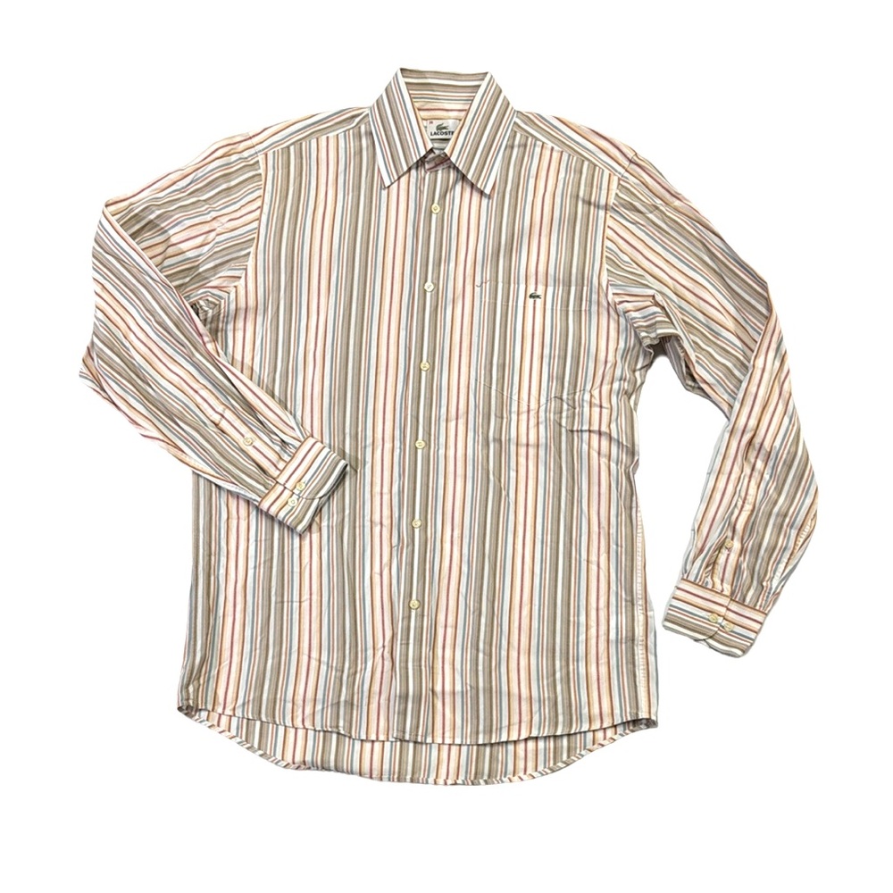 Lacoste mens 38 M Medium white red stripe button up casual sport shirt EUC